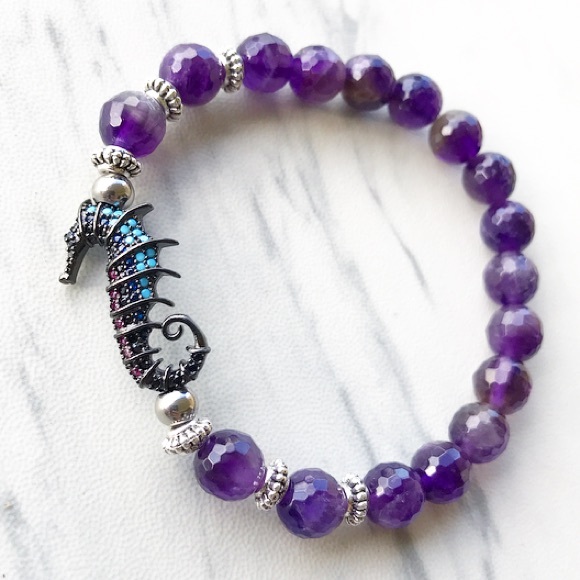 Genuine faceted amethyst & cz seahorse bracelet - Picture 6 of 8